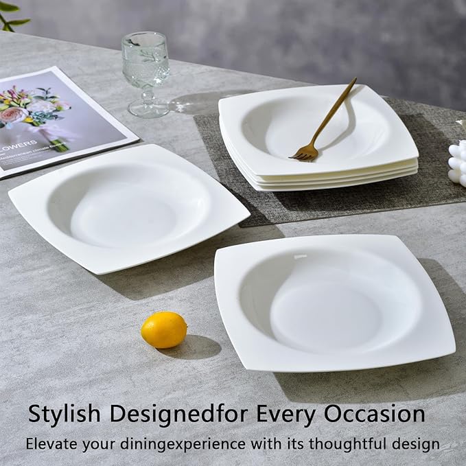 Vitrelle 6-Piece Salad Appetizer Plate Set Triple Layer Glass and Scratch Resistant, 9.25 Inch Square Plates, Winter Frost White