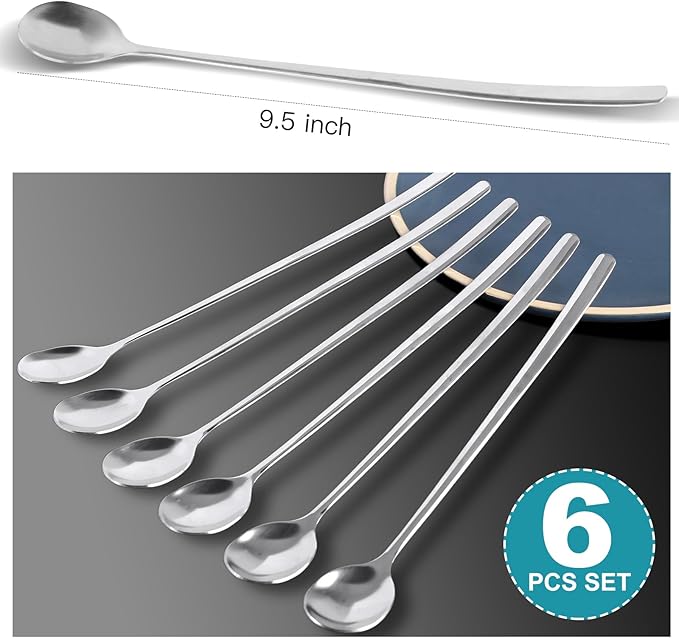 9.5-Inch Long Spoon, Ice Tea Spoons for Ice Cream, Coffee, Cocktail, Stainless Steel Long Spoons for Stirring, Long Handle Spoon, Set of 6