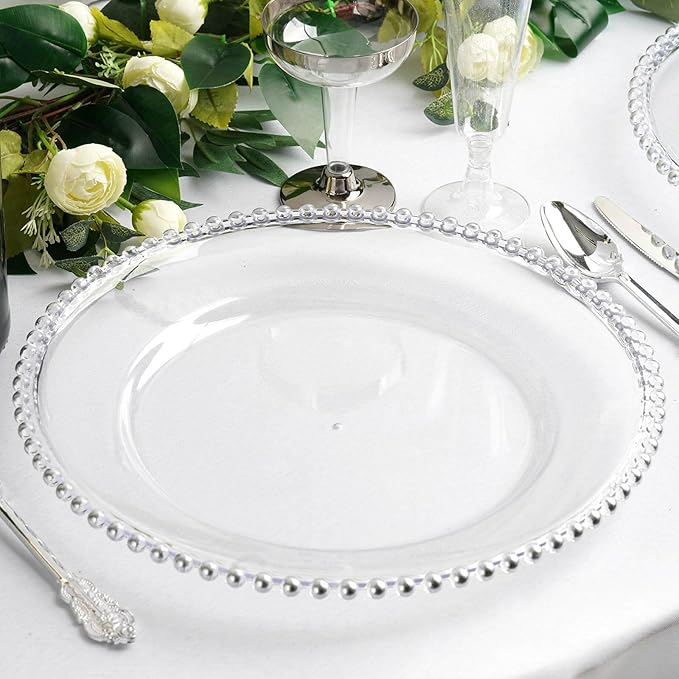 Efavormart 12-Pack Acrylic Charger Plates 13" Round Clear with Silver Beaded Rim - Decorative Dinner Party Serving Plates