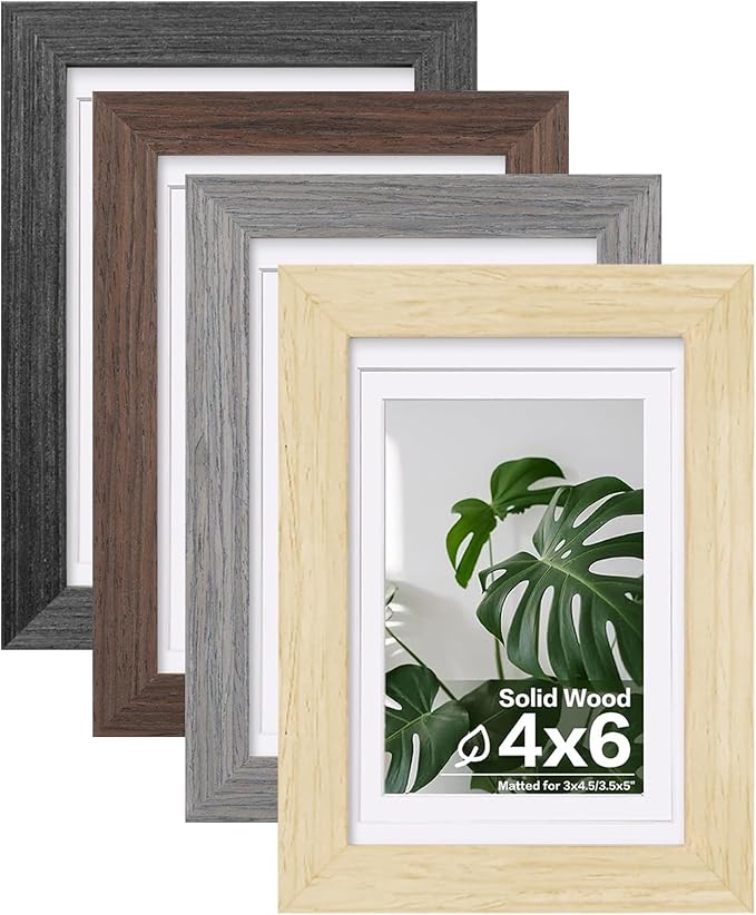 Egofine 4x6 Picture Frame Set of 4, Made of Solid Wood Multicolor Photo Frames Covered by Plexiglass 3x4.5 and 3.5x5 with Mat or 4x6 without Mat, for Table Top Display and Wall Mounting