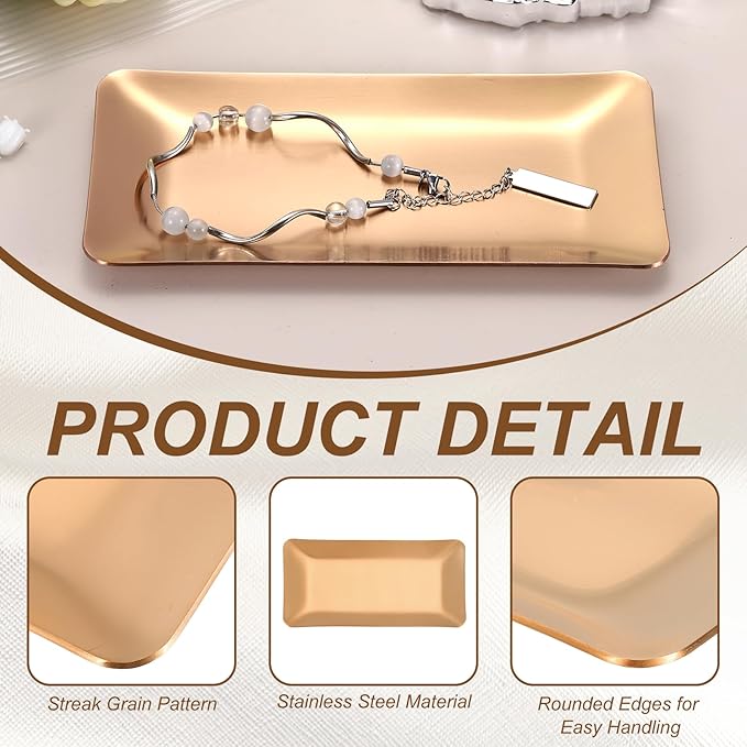 uxcell Decorative Tray, 5.9x3 Stainless Steel Rectangular Frosted Serving Tray for Dessert Napkin Towel Candle Jewelry Bathroom Platter, Stackable, Rose Gold