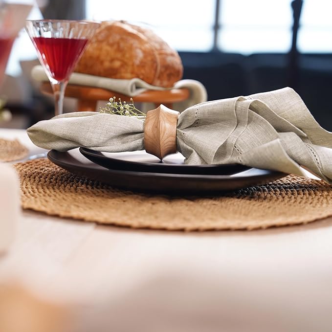 Home Ekaa Linen Light Natural Dinner Napkins Set of 4-100% Pure Linen Cloth Fabric, Hemstitch Dinner Napkins 20 x 20 Inch for Dining, Dresser, Thanksgiving, Christmas, Fall - Lino
