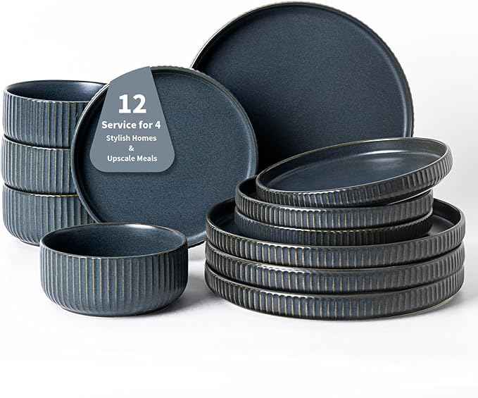 Dinnerware Sets for 4,Microwave Safe Plates and Bowls Sets,12 Piece Dylan Dish Set,Reactive Glaze Stoneware Dinnerware Set (Matte Reactive Sapphire Blue, Service for 4 (12pcs))