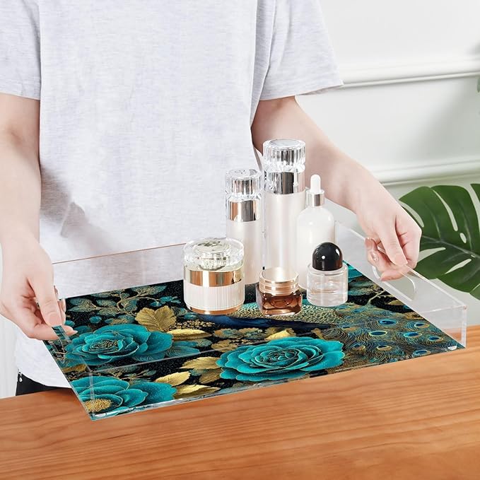 Serving Tray with Handles Clear Acrylic Tray 12x16 Inch Decorative Rectangular Tray Organizer for Ottoman Coffee Table Bathroom Vintage Peacock and Roses