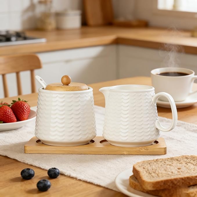 Ceramic Sugar and Creamer Set, Porcelain Coffee Serving Set with Cream Pitcher, Sugar Bowl, Lid & Spoon, 10 Ounce Creamer Container and Sugar Pot (CTNAI231)