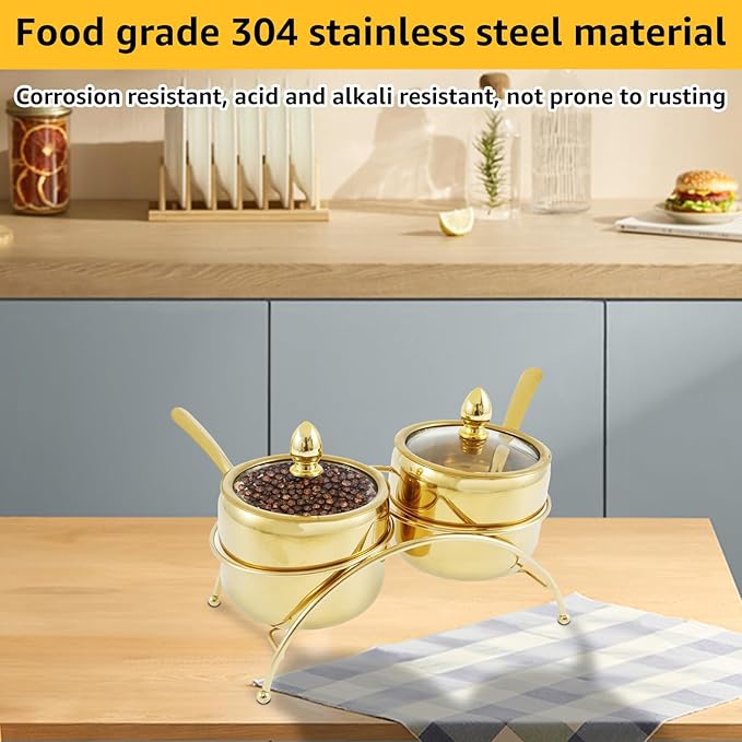 Stainless Steel Sugar Bowl Set with Clear Glass Lid Bracket Rustproof Seasoning Box Smooth Condiment Pots Compact Sugar Container Reusable Seasoning Jar Spice Container for Salt Candy QQIKUUF(golden)