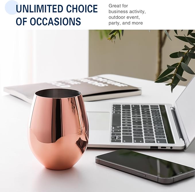 WOTOR Rose Gold Wine Glasses Set of 4, 18oz Copper Wine Glasses, Stemless Stainless Steel Wine Glasses, Unbreakable Metal Wine Glass for Outdoor, Travel, Camping, Ideal Wine Accessories Gift