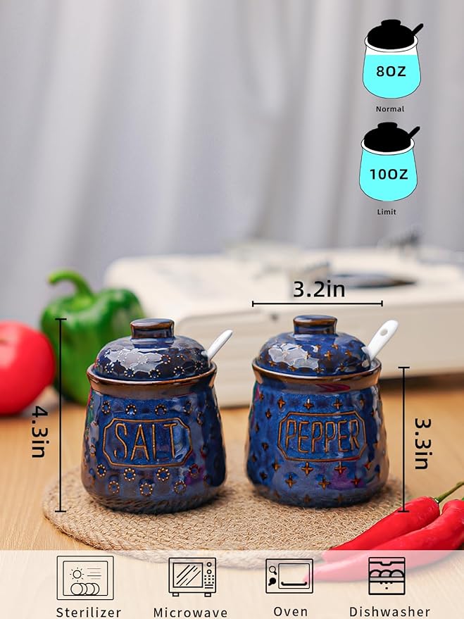 GDCZ 10 Oz Ceramic Salt and Pepper Bowls Set with Lid and Spoons, Seasoning Container, Dishwasher Safe, Set of 2 (Blue)