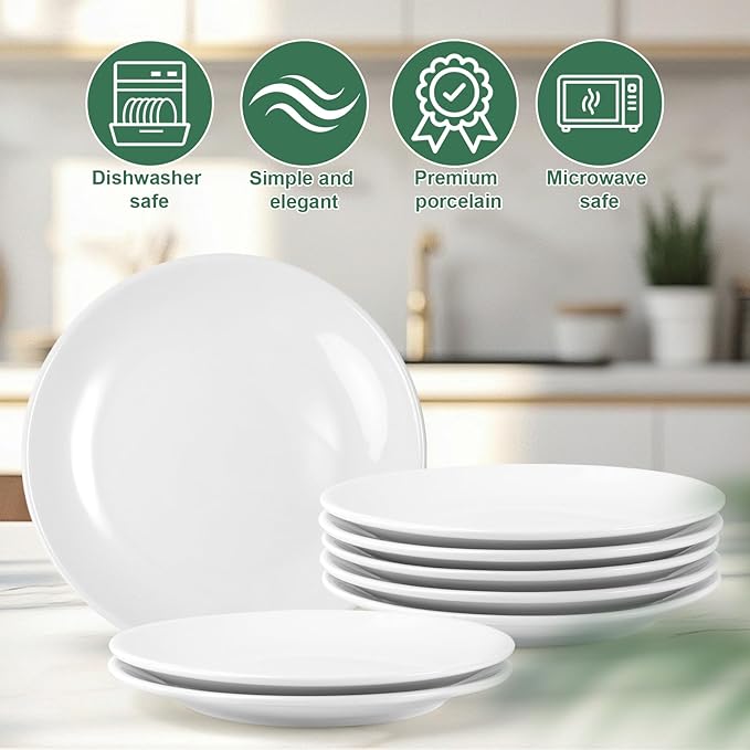 White Dinner Plates Set of 6, 8 Inch Ceramic Salad Plates,Ceramic Appetizer Plate,White Dessert Plate for Appetizers Salad Snacks, Microwave & Dishwasher Safe