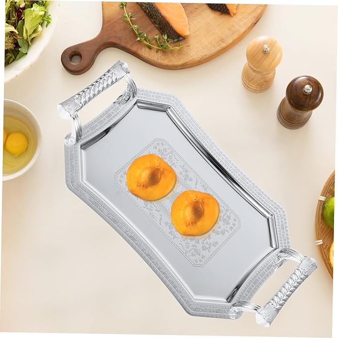 Unomor Stainless Steel Serving Tray European Style Geometric Design Silver Metal Platter for Snacks and Beverages for Parties and Entertaining