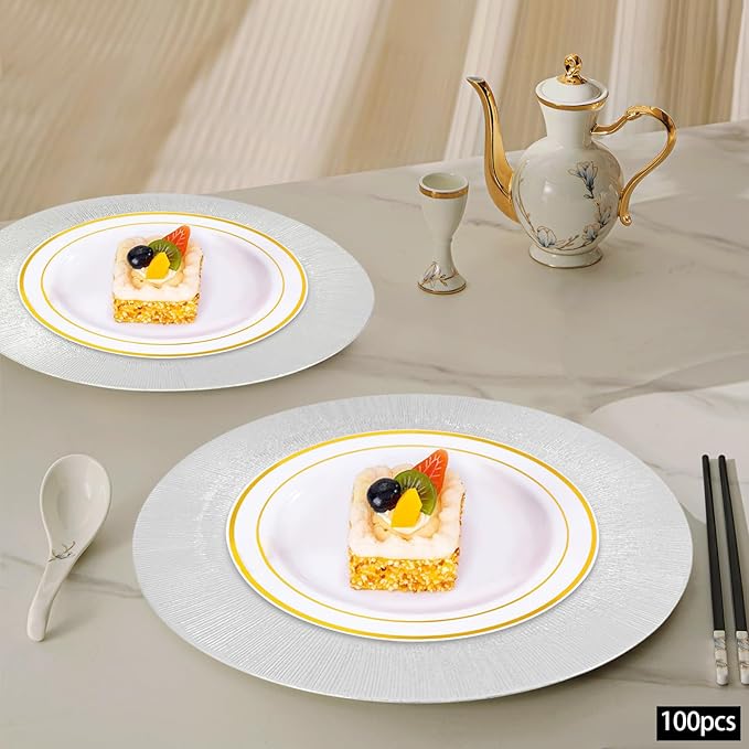 Sliver Plastic Charger Plates Set of 100, 13” Reusable Party Chargers for Dinner Plates, Elegant Round Service Plate Chargers Bulk Decorative for Wedding, Catering Table Decor