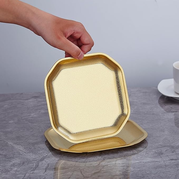SANQIAHOME 4.7x4.7 inch square Appetizer Plates,thick stainless steel Dinner Plates, Pasta Dessert Plates for Sushi, Fruit oven/Dishwasher Safe, Set of 4,Gold