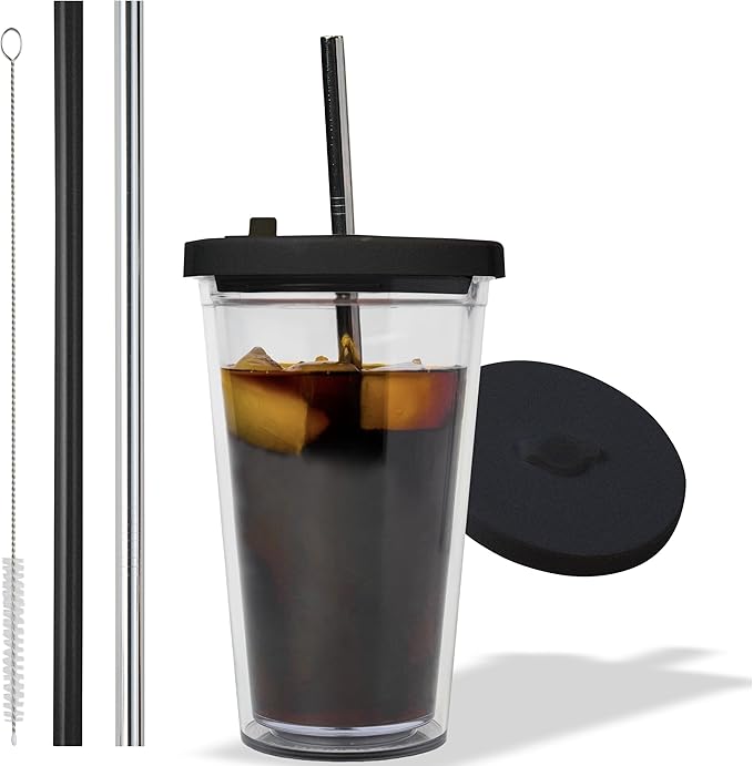 Kensal Home Reusable Iced Coffee Cup (16 Oz/Grande), Leak Proof and Double Wall Insulated Iced Coffee Tumbler, Come with Reusable Plastic and Metal Straws and Straw Cleaner - Black