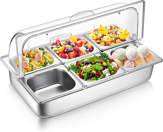 6 Pan Chilled Buffet Server Stainless Steel Countertop Food Serving Display Container with Clear Roll Top Cover Serving Tray Buffet Condiment Dispenser Ice Cooled Food Display Rack