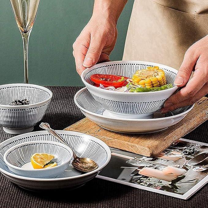 Dinnerware Set,White Porcelain Dinnerware Set with Blue Line Stripes, Ceramic Plates and Bowls Sets, Unique Dish Set for Parties or Everyday Use,Service for 8