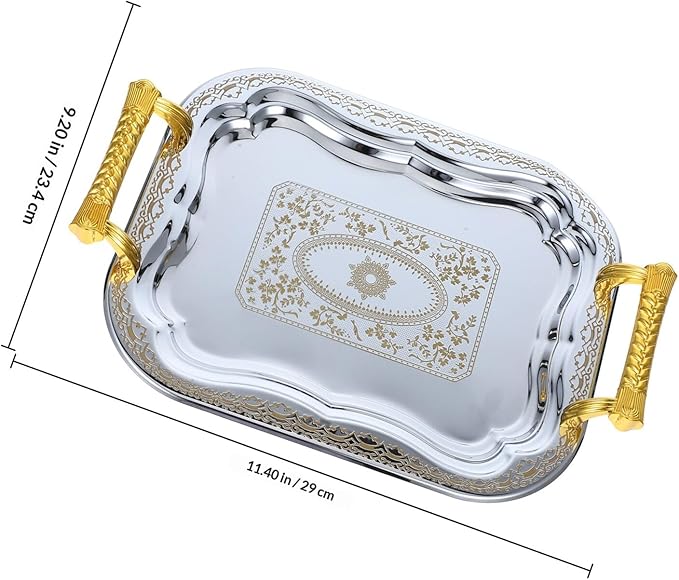 European Style Stainless Steel Serving Tray with Handle, Metal Snack and Fruit Plate for Food Presentation, Sturdy Tea and Beverage Tray for Home and Party Use