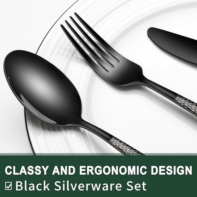 Black Hammered Silverware Set, 20-Piece Stainless Steel Heavy Duty Flatware Set for 4, Food-Grade Tableware Cutlery Set, Utensil Sets for Home Restaurant, Mirror Finish