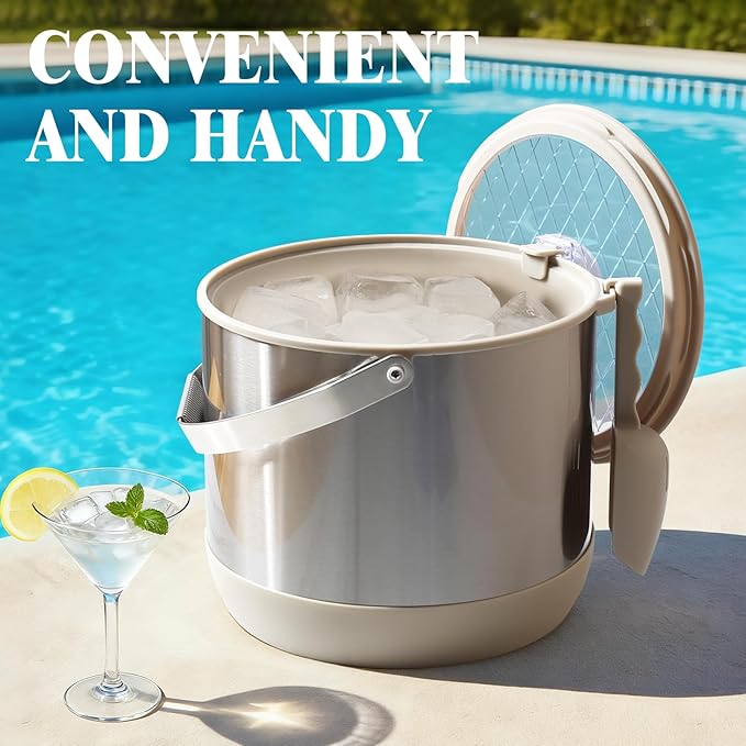 5QT/4.8L Insulated Ice Bucket for Parties, Large Capacity Double-Wall Beverage Bucket with Scoop & Lid for Champagne, Wine, Cocktail (White)