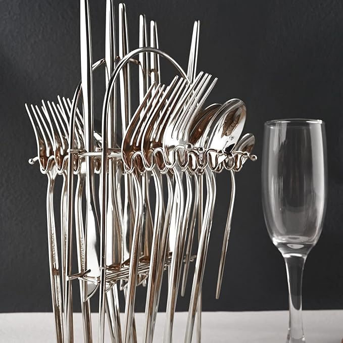 JASHII Hanging Flatware Set Include Knife Fork Spoon Teaspoon and Stand, 24pcs Stainless Steel Utensils Set Service for 6,Modern Design & Mirror Polished, Dishwasher Safe - Blue Silver