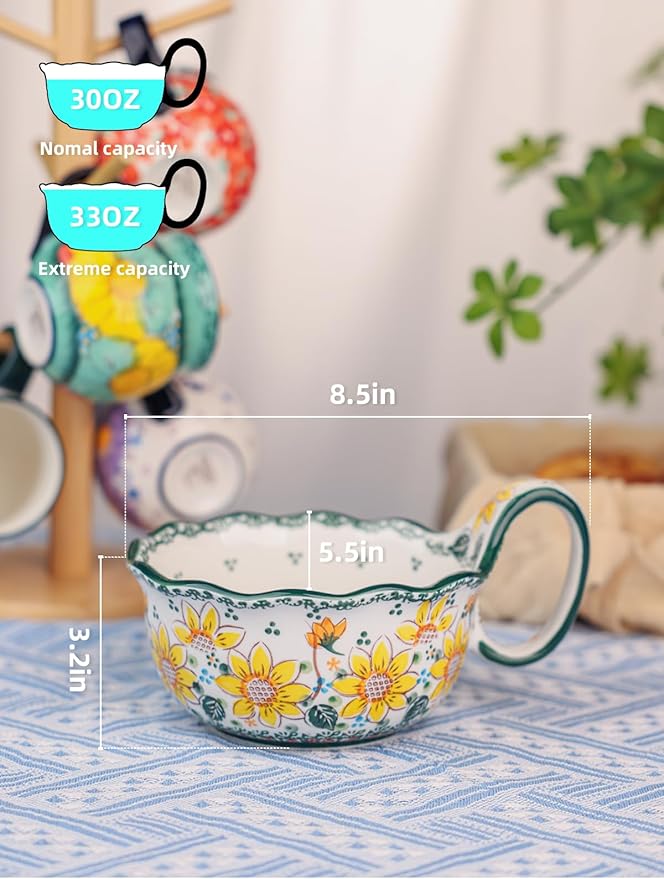 silesia Handmade Ceramic Soup Bowl, 30 oz Hand Painted Bowl with Loop Handle, Floral Design Cereal Bowl for Soup, Ice cream, Snack, Microwave & Dishwasher Safe (Sunflower)