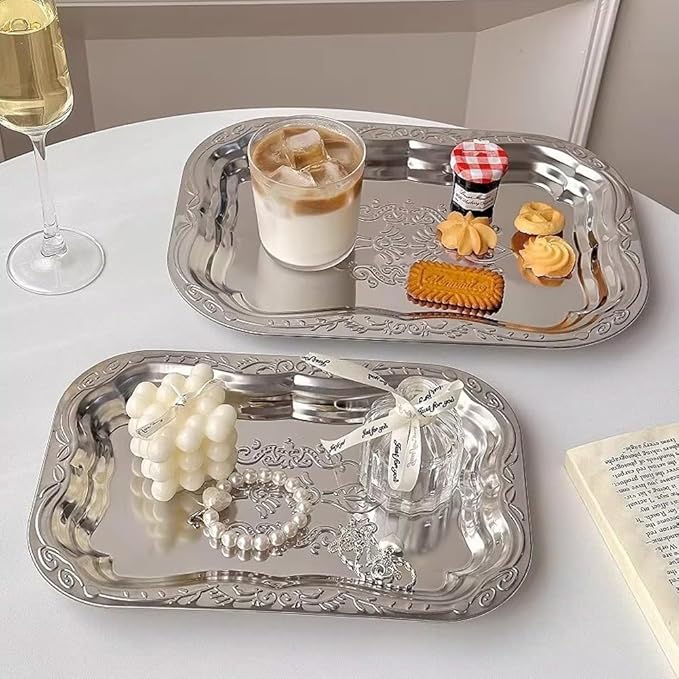 Stainless Steel Dessert Plate Vintage Embossed Cake Tray Jewelry Storage Organizer Snack Plate Serving Plate Tableware