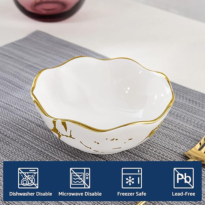 fanquare 10oz Gold Marble Soup Bowl, Porcelain Cereal Bowls Set for 4, Small Kitchen Serving Bowls, Dishwasher Safe, 5.5"