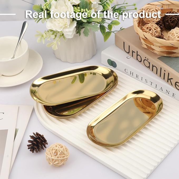 10 Pack 7 Inch Oval Stainless Steel Decorative Tray, Stainless Steel Tea Fruit Tray, 7 inch Gold Oval Trays for Bathroom Vanity, Jewelry, Perfume & Key Organizer (Gold)