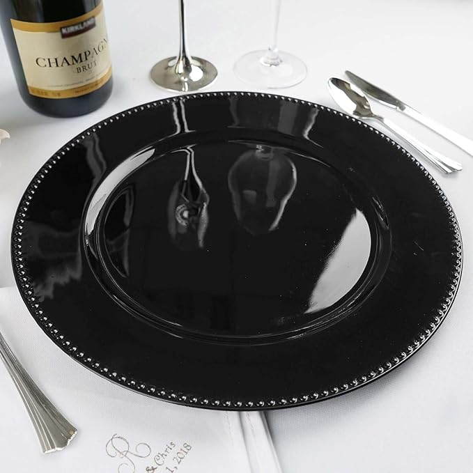 13" Charger Plates -Set of 12 - Acrylic Black Round Beaded Disposable Chargers, Ideal for Dinner Party Wedding Bulk Events Tabletop Decoration