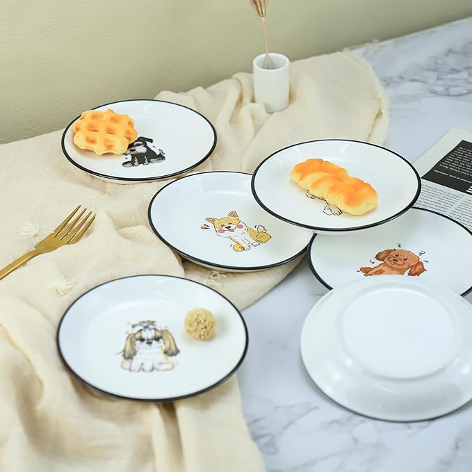 SOCOSY Super Cute Cartoon Animals Ceramic Sauce Dishes, Seasoning Dishes, Little Cat Dog Bird Feeding Bowls, Sushi Soy Dipping Bowls, Appetizer Plates, Dessert Plates, Set of 6-Cartoon Dog-5 Inch
