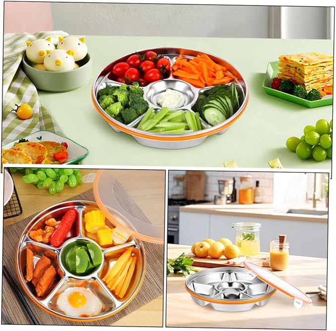 GLEAVI Stainless Steel Divided Serving Tray Lid Family Sized Fruit and Vegetable Tray Multipurpose Snack Container for Fresh Food Storage and Outdoor Use