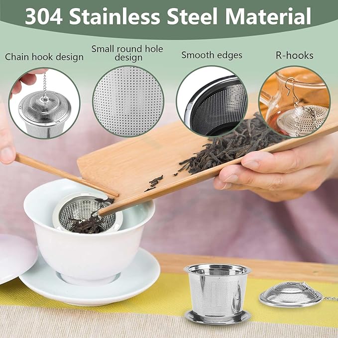 2 Pack Tea Strainers for Loose Tea, Extra Fine Mesh 18/8 Stainless Steel Tea Infuser, Loose Leaf Tea Steeper Tea Diffuser with Extended Chain Hook and Drip Tray (Small)