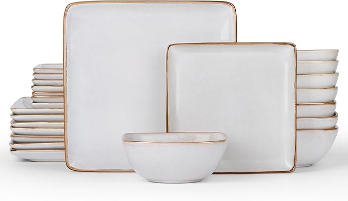 E-far Square Dinnerware Sets for 8, 24-Piece Stoneware Plates and Bowls Dishes Set, Reactive Glaze Porcelain Dishware Sets, Chip & Scratch Resistant, Microwave & Dishwasher Safe, Seashell White