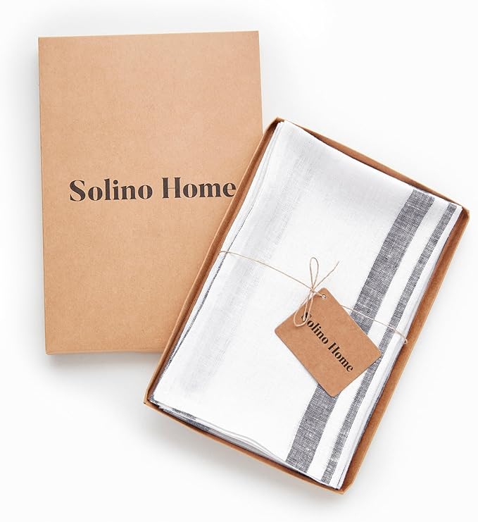 Solino Home Linen Dinner Napkins 20 x 20 Inch - 100% Pure Linen French Stripe Grey and White Napkins Set of 4 for Winter