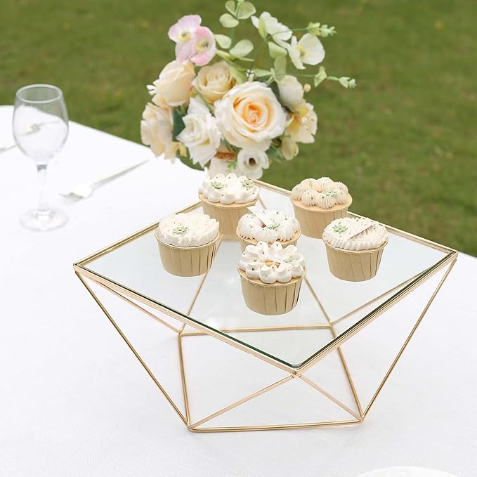 Efavormart 12" Gold Metal Geometric Cake Stand Gold Cake Riser with Glass Top Glossy Metallic Finish for Dessert Cupcake Pastry Candy Display Plate Event, Birthday Party