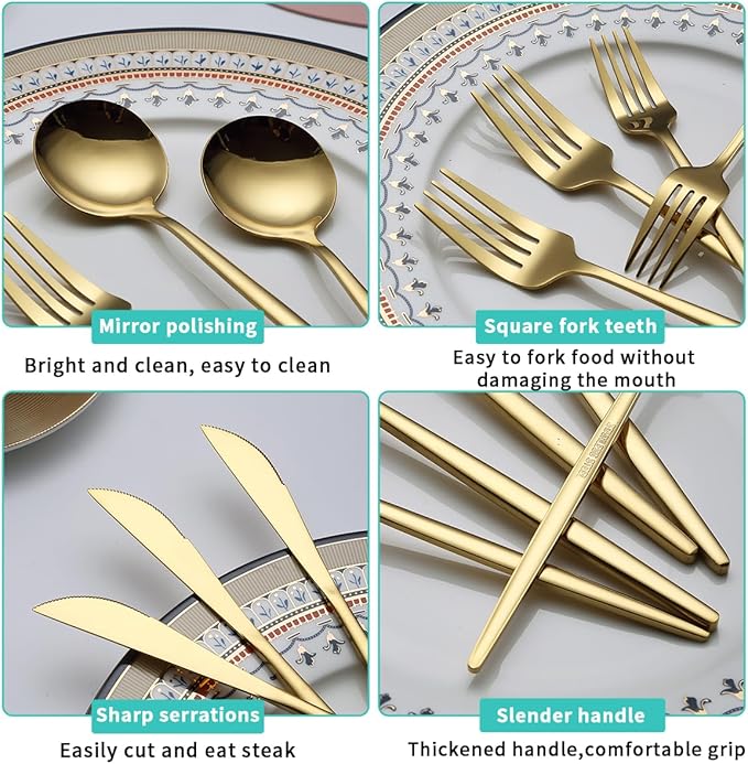 Evanda Gold Silverware Set 64 Piece Service for 16, Titanium Gold Plated Stainless Steel Flatware Set, Knives Forks Spoons Cutlery Set for Wedding, Parties, Birthday, Restauroom, Dishwasher Safe