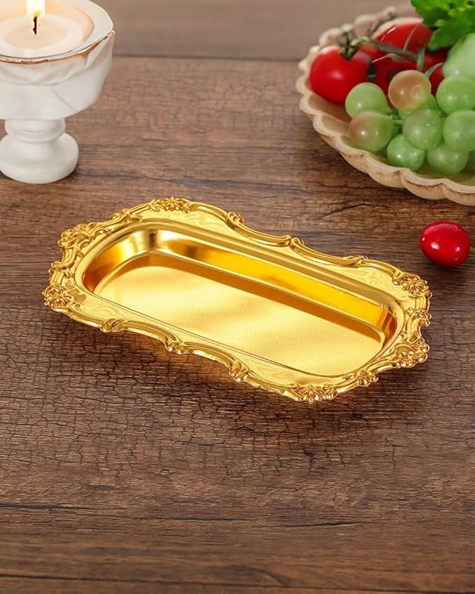 3PCS 8in Vintage Serving Trays Set Decorative Tray Metal Tableware Platters for Cookies Desserts Party Food Display (Gold)