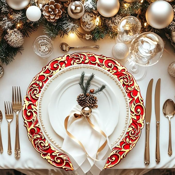 Red Charger Plates with Gold Embossed Rim, Plate Chargers for Dinner Plates. Set of 6, 13 Inch Plastic Charger for Dinner and Party Table Settings, Christmas, Thanksgiving,