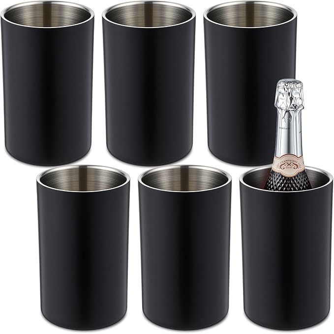 6 Pack Wine Chiller Bucket Wine Bottles Cooler Bulk, Stainless Steel Double Wall Insulated Champagne Ice Bucket for Parties,Fits for 750 ml Bottles(Black)