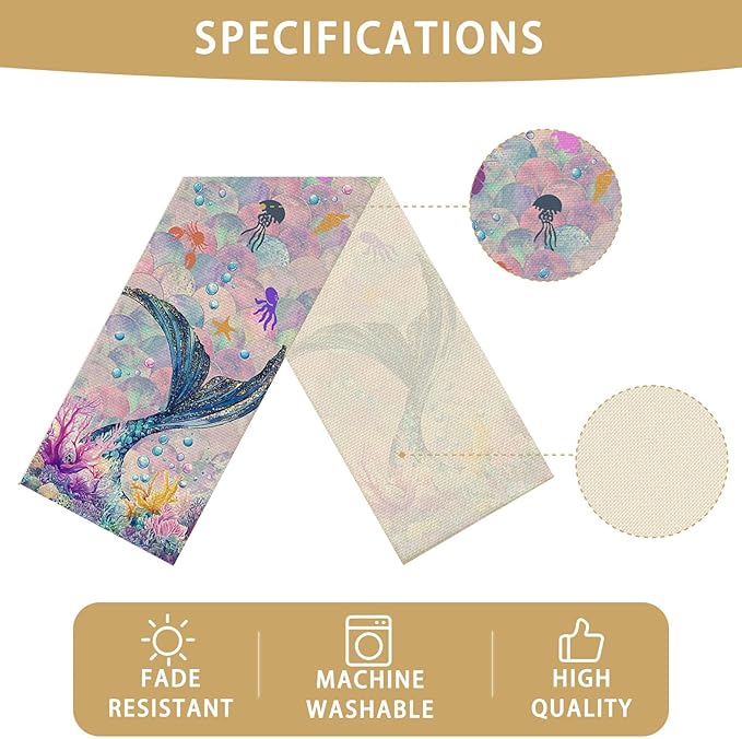 Mermaid Tail Table Runner Seasonal Holiday Kitchen Dining Linen Table Decoration for Indoor Outdoor Home Party Decor 13 x 72 Inch