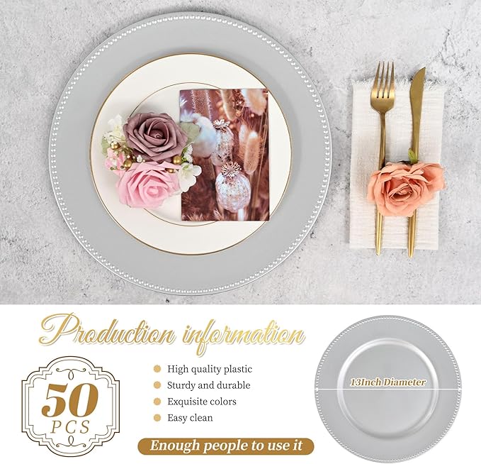 50 Pcs Silver Charger Plates Round Charger Plates13 Inch Bulk Wedding Dinner Elegant Reusable Plastic Chargers Plates Wedding Holiday Party Baby Shower Event Decoration (Silver)