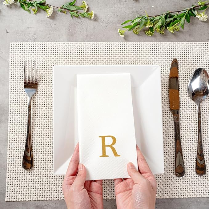 Luxenap 15.8 X 7.9 Inch Linen-Feel Guest Towels, 2000 Lettered Hand Towels - Gold Letter 'R', Sans Serif Font, White Paper Dinner Napkins, airlaid, For Restrooms And Tables