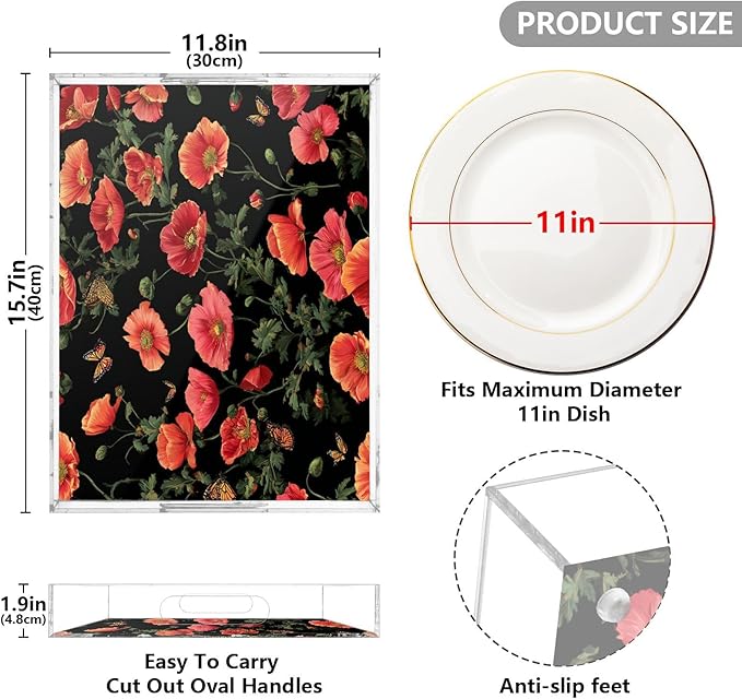 Serving Tray with Handles Clear Acrylic Tray 12x16 Inch Decorative Rectangular Tray Organizer for Ottoman Coffee Table Bathroom Black Poppy Butterfly