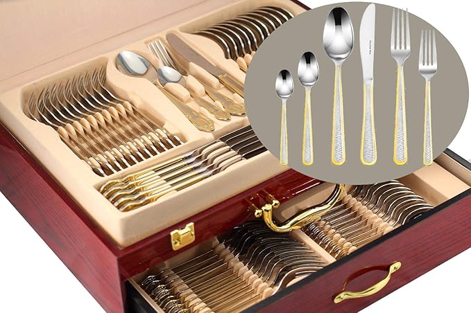 Venezia Collection "Provenza" 75-Piece Flatware Set, Silverware Cutlery Dining Service for 12, Premium 18/10 Surgical Stainless Steel, 24K Plated Hostess Serving Set w/Wood Flatware Chest