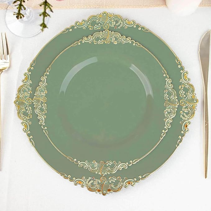 8" Salad Plates -Set of 10 - Plastic Dusty Sage Green Round Baroque Disposable Chargers Leaf Embossed Rim, Ideal for Dinner Party Wedding Bulk Events