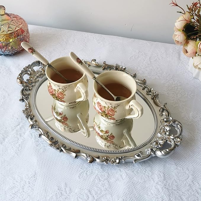 Hamphinee Oval Vintage Wall Mirror Tray, Dresser Organizer Tray, Decorative Perfume Mirror Tray, Serving Tray, 9.8"x 14.6", Silver