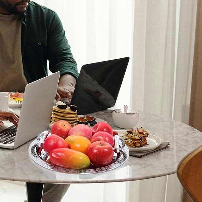 Uonlytech Silver Floral Pattern Round Serving Tray Elegant Appetizer and Fruit Storage Plate for Snacks Dry Fruits Tea Candy and Jewelry Display Lightweight for Parties and Home Use