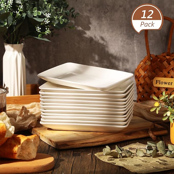 Irenare 12 Pcs 8 Inch Rectangular Salad Plates White Rectangular Porcelain Dessert Plates Appetizer Serving Tray Porcelain Platters for Fruit Sushi Dinner Parties, Microwave, Oven Safe