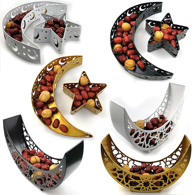 Eid Mubarak Moon Star Tray, Ramadan Decoration Ramadan Trays, Muslim Wooden Plate Tray Moon Star Shaped Food Fruit Serving Tray, Eid Mubarak Dessert Tray for Ramadan Festival Party(Golden A2)