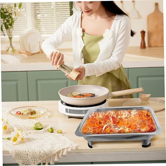 Veemoon Rectangular Stainless Steel Buffet Serving Tray with Lid Chafing Dish for Catering Food Holder and Roasting for Parties and Cafeterias