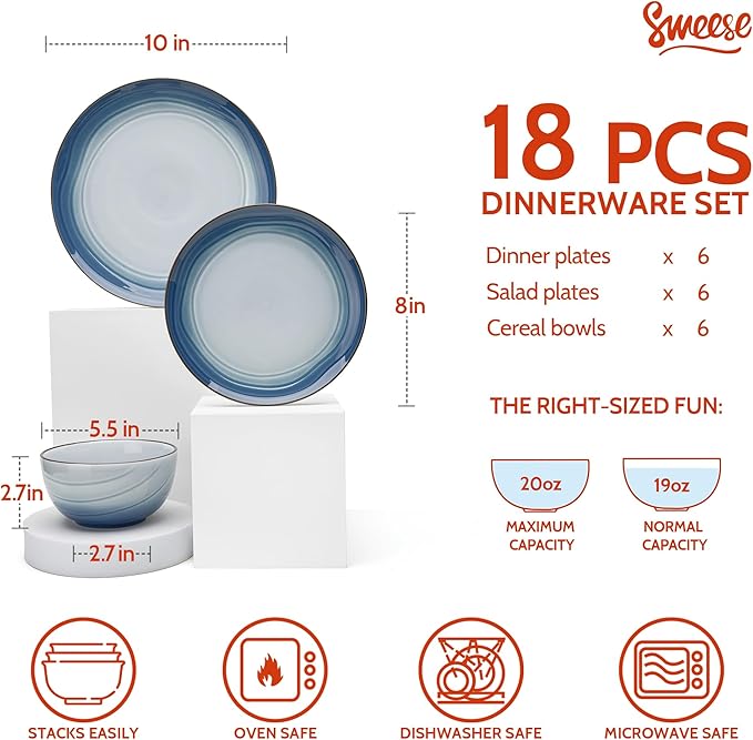Sweese Porcelain Dinnerware Sets for 6, 18 Pieces Ceramic Plates and Bowls Sets, Handcrafted Minimalist Dinner Set, Chip and Scratch Resistant Dish Set, Dishwasher & Microwave Safe, Ocean Blue